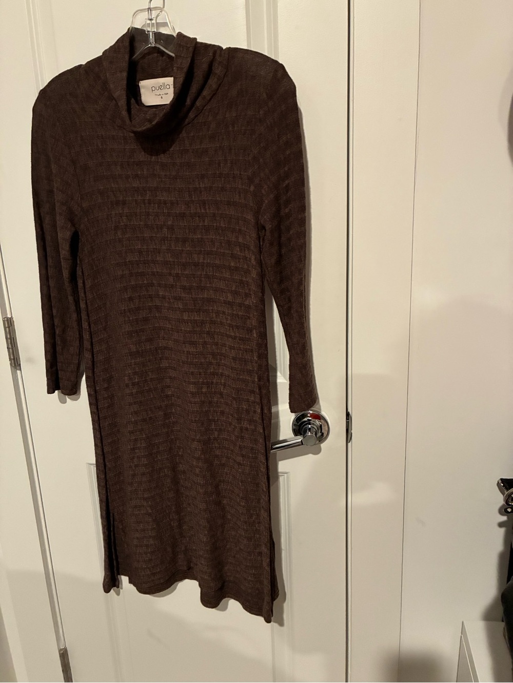 Vintage Made in USA Anthropologie Puella Brown Striped Cowl Neck Sweater Dress S